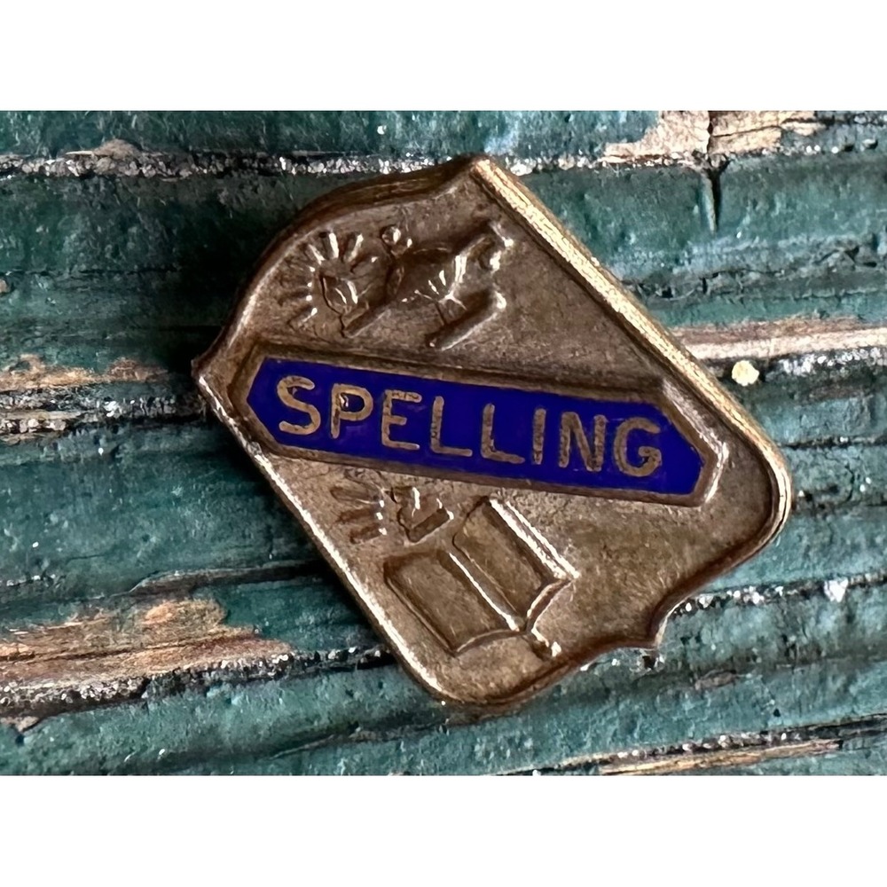 Vintage Spelling Bee Academic Achievement Pin Blue Enamel Shield Bronze Tone